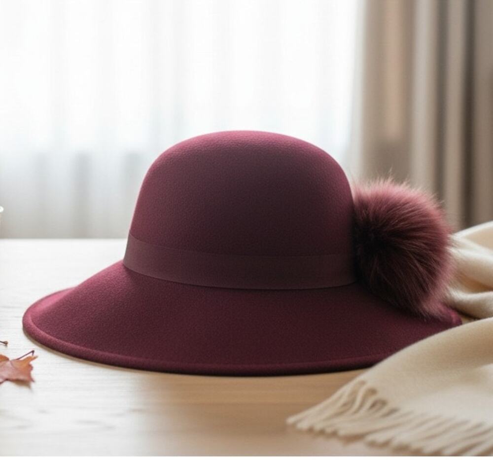 Torrid Wide-Brim Felt Hat With Fur Pom-Pom Deep Burgundy Purple Size S/M